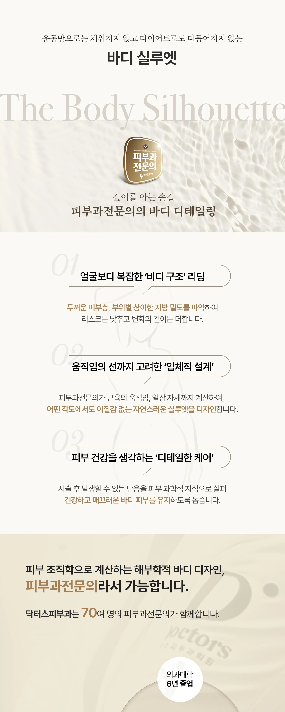 The Body Silhouette 노화로 인한 피부 지지구조 약화 잘못된 생활 습관, 자외선 노출 01 02 얕은 층 타겟 03 바디 스컬트라 힙업, 힙딥 이질감 없이, 지방층 사이사이 콜라겐을 깨워