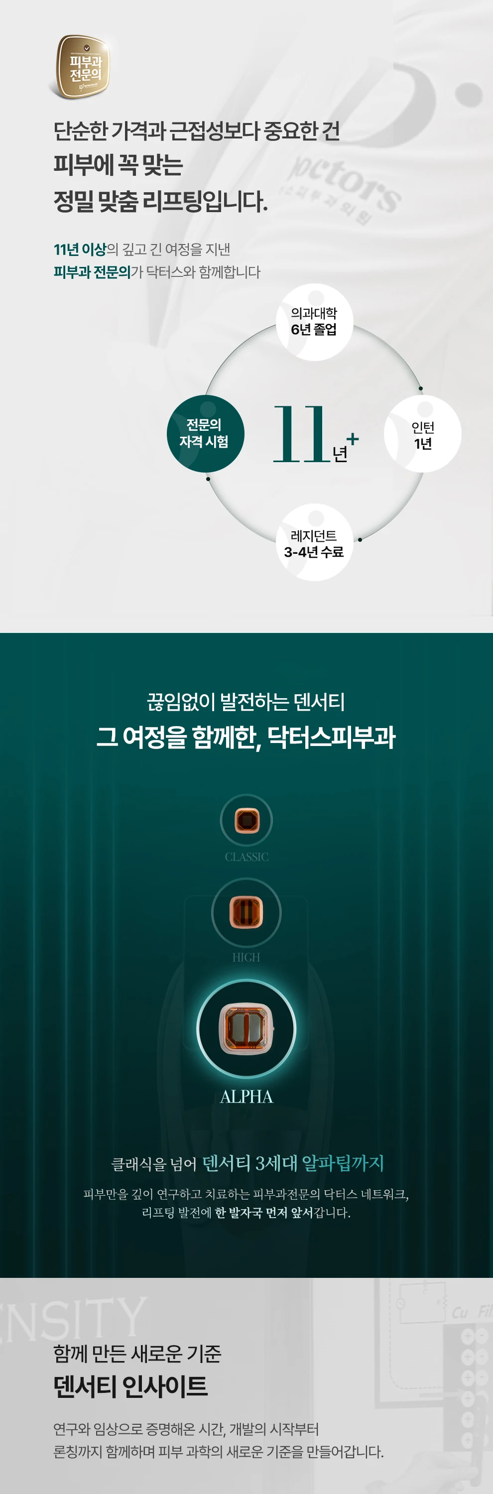 알파팁 초기 단계 첫 공개 임상 PT 초청 피부과전문의 대상 덴서티 알파팁의 임상 사례 효과와 기술 강연 진행 알파팁 런칭 전 사전 학술 행사 경쟁 장비와의 비교 실험 데이터 검토 알파팁 런칭 기념 덴서티 알파팁 기술 원리 및 고주파 에너지 기반 임상 적용 강연 Doctors network 축적된 임상 데이터로 리프팅의 기준을 제시하고 윤곽라인 처짐 / 불독살 추천 Doctors Dermatology 듀얼 고주파로 더 넓고, 깊게 2가지 고주파 에너지로 피부 전층에 특허받은 기술력으로 정확하게 세밀한 통증 조절로 편안하게 피부 상태에 따라 세밀한 조절로 NO YES 안전과 효과를 생각한 ✓정품 장비 ✓정품 팁 무분별한 샷 수 지양 ✓고민 부위 맞춤 ✓탄력 디자인 실시간으로 피부층 체크 ✓깊이 있는 프로세스 ✓정밀 타겟 축적된 노하우로 완성되는