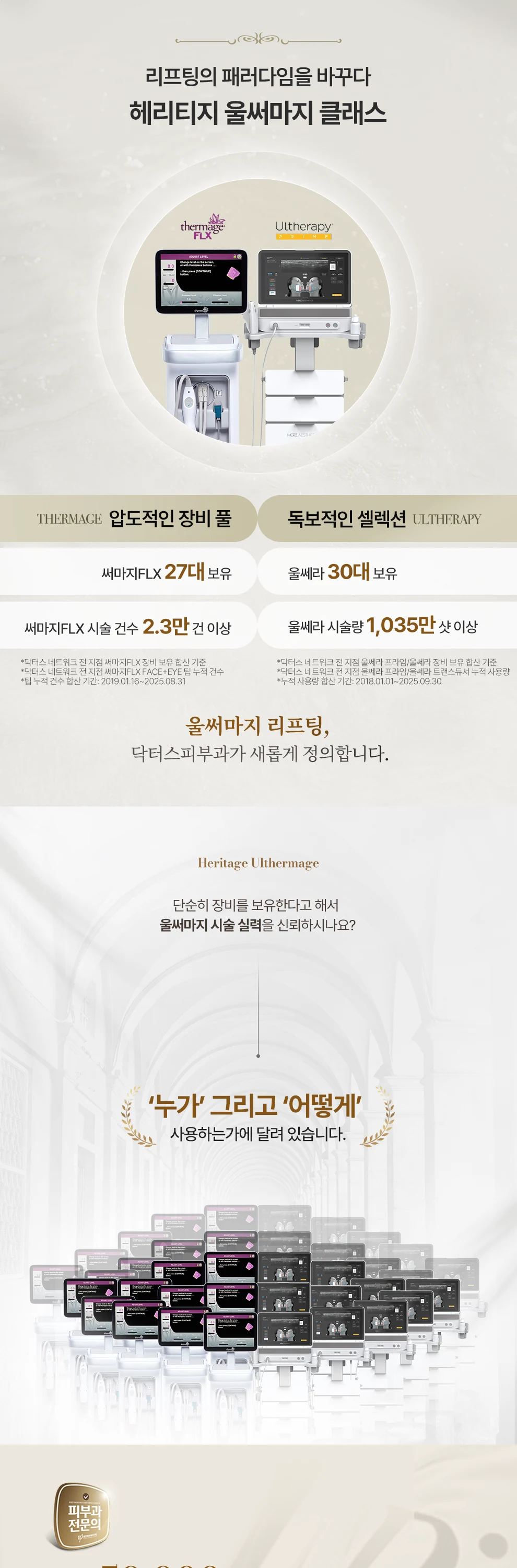써마지FLX 27대 보유 ‘누가’ 그리고 ‘어떻게’ NO YES AccuREP™ 서서히 변화하는 피부 잃어가는 탄력과 콜라겐을 채워 본연의 탄탄함을 다시 충전 기존 울쎄라 업그레이드 콜라겐 촉진 + 리턴 힐부스터 + 탄력/포커스 리프팅 +리턴 콜라겐부스터 Doctors Dermatology